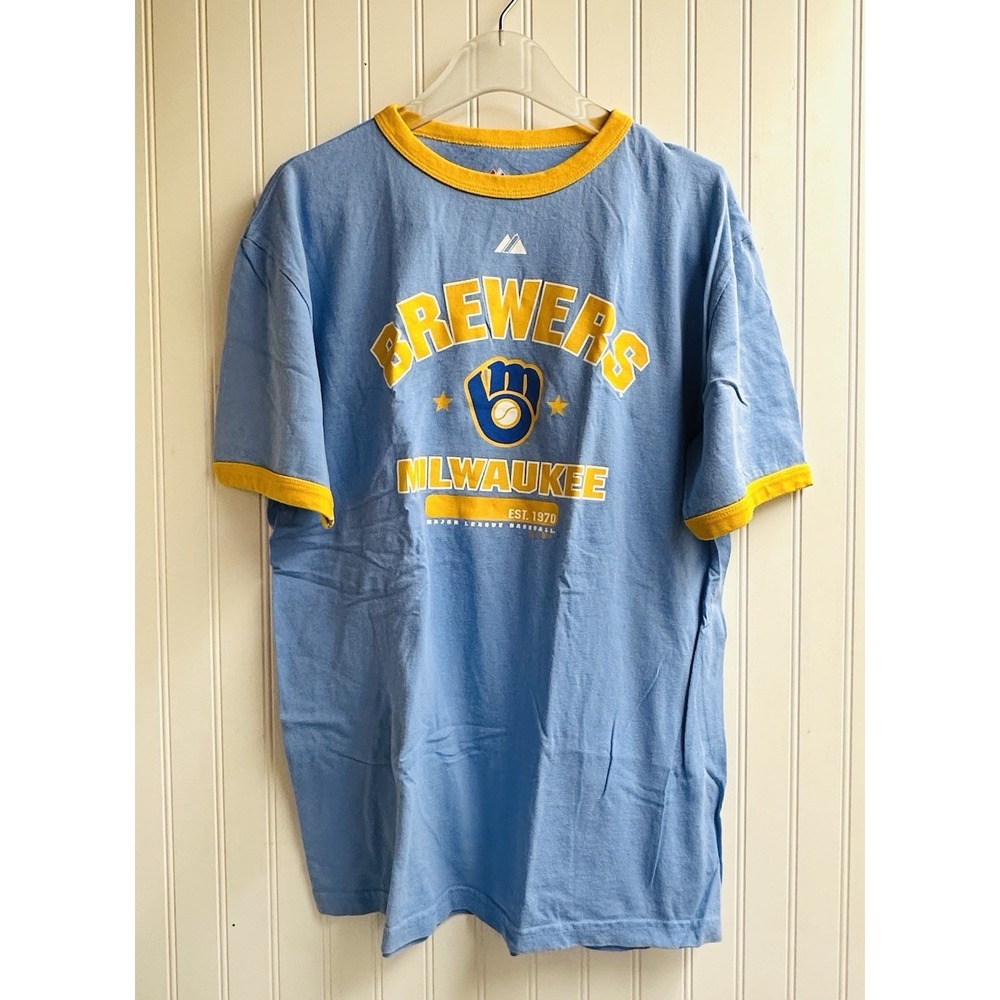 Milwaukee Brewers Baseball MLB Vintage 90s Majestic Logo Ringer Blue T-Shirt L